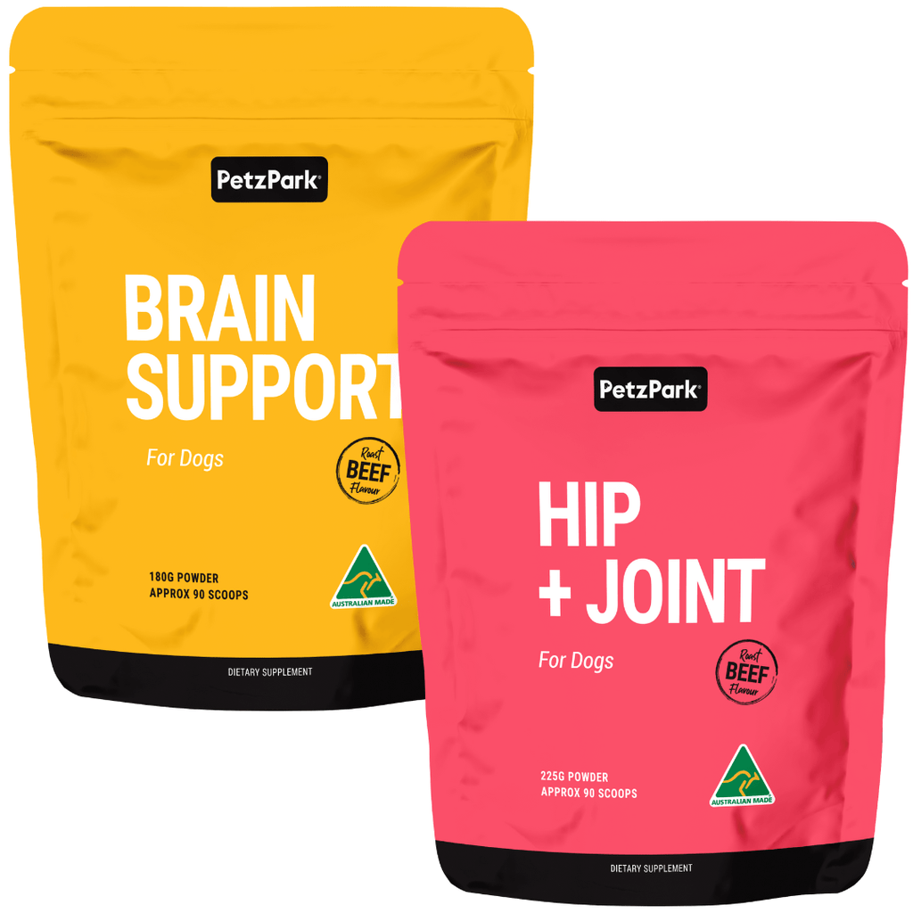 petz park senior care package for for dogs, hip and joint supplement for dogs, cognitive and memory support for dogs, made in australia, senior care support for dogs