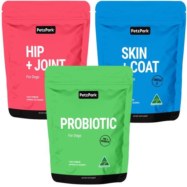 Dog supplements prevention package, hip and joint supplements for dogs, probiotic product for dogs, skin and coat health for dogs product