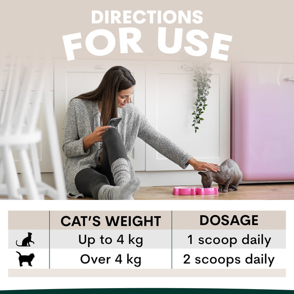 Woman with a cat and pet food bowls, with directions for use displayed below.