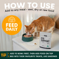 Cat eating from a bowl with a package of eye support food on a table, text on how to use the product.