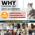 Advertisement for a pet product brand with a cat and text about honesty, transparency, and customer trust.