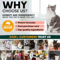 Promotional image for a pet product brand with a cat and text about honesty, transparency, and customer trust.