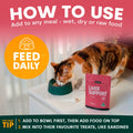 Cat eating from a bowl with liver support supplement and instructions on how to use it.