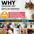 Promotional graphic for a pet product brand with cats and text about honesty, transparency, and customer trust.