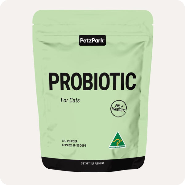 A green pouch labeled Cat Probiotic, 72g powder (approx. 60 scoops), features an Australian Made logo.
