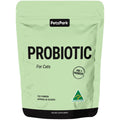 A green pouch labeled Probiotic for Cats, 72g powder (approx. 60 scoops), features an Australian Made logo—supports cat gut health and works as a gentle hairball remedy.