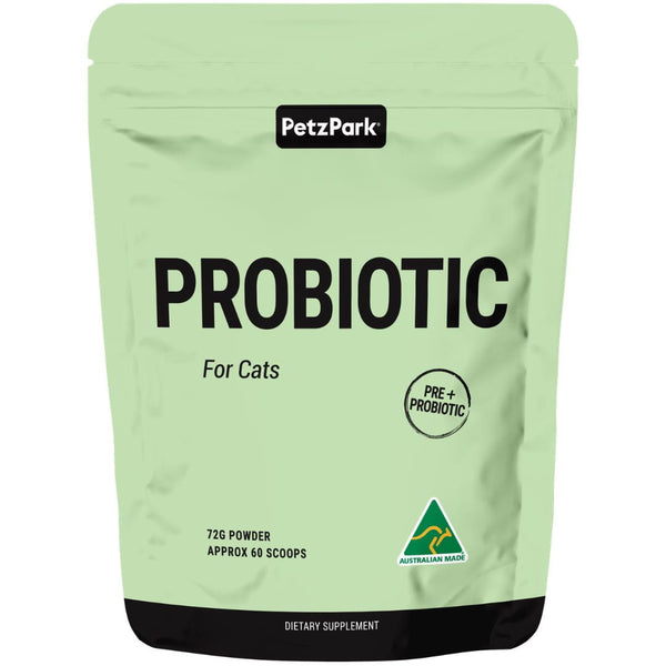A green pouch labeled Probiotic for Cats, 72g powder (approx. 60 scoops), features an Australian Made logo—supports cat gut health and works as a gentle hairball remedy.
