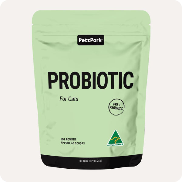 A green pouch labeled Cat Probiotic, 66g powder (approx. 60 scoops), features an Australian Made logo.