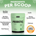 Cat probiotic supplement package with ingredients listed on a light green background