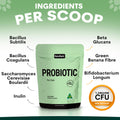 Green probiotic supplement package with ingredients listed on a green background