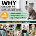 Promotional graphic for a pet product brand with images of cats and text highlighting features and customer trust.