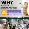 Promotional graphic for a pet product brand with a cat and text about honesty, transparency, and customer trust.