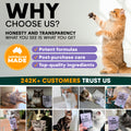 Promotional graphic for a pet product brand with a cat and text about honesty, transparency, potent formulas, post-purchase care, top-quality ingredients, and customer trust.