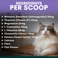Cat sitting on a mat with ingredient list for a supplement product on a purple background