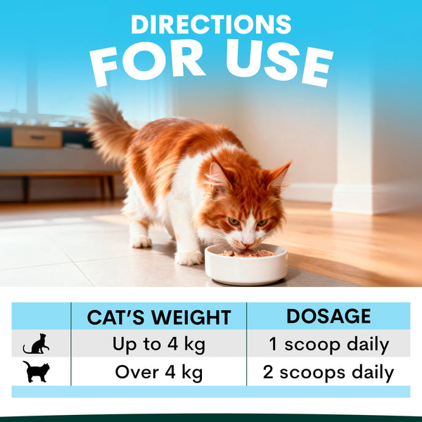Cat eating from a bowl with dosing instructions on a blue background. Petz Park cat skin and coat supplement dosage