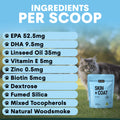 Cat supplement packaging with ingredient list on a blue background