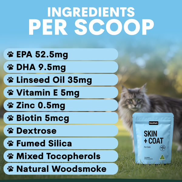 Cat supplement packaging with ingredient list on a blue background
