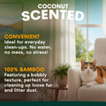 Cat lounging on a couch with coconut scented product text overlay