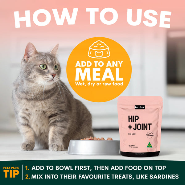 Cat sitting next to a pink 'Hip + Joint' supplement package with text on how to use it. how to use hip and joint cat supplements