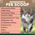 Cat walking outdoors with a list of supplement ingredients per scoop on a pink background