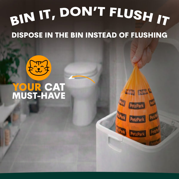 Orange pet waste bags being disposed of in a bin with text 'BIN IT, DON'T FLUSH IT' and 'Petz Park' branding.