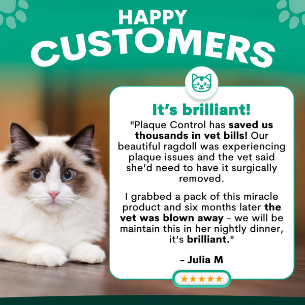 Cat with a testimonial about Plaque Control on a green background. Petz Park dental supplements review