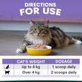Cat sitting next to a bowl of food with usage instructions on a purple background. Dosage recommendations for cat anxiety supplement