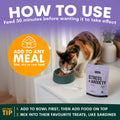 Cat eating from a bowl with a supplement package labeled 'Stress + Anxiety' on a table. How to use stress supplement for cat