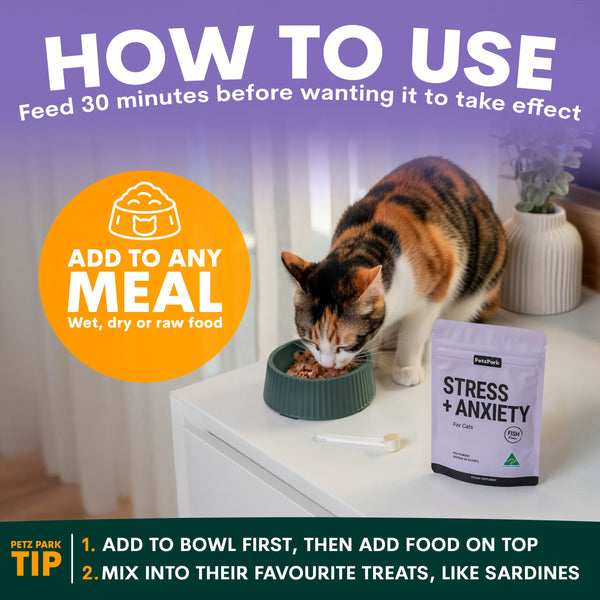 Cat eating from a bowl with a supplement package labeled 'Stress + Anxiety' on a table. How to use stress supplement for cat