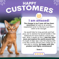 Cat with a testimonial about a product's effects on anxiety and behavior changes. Petz Park Stress and anxiety supplement for cats review