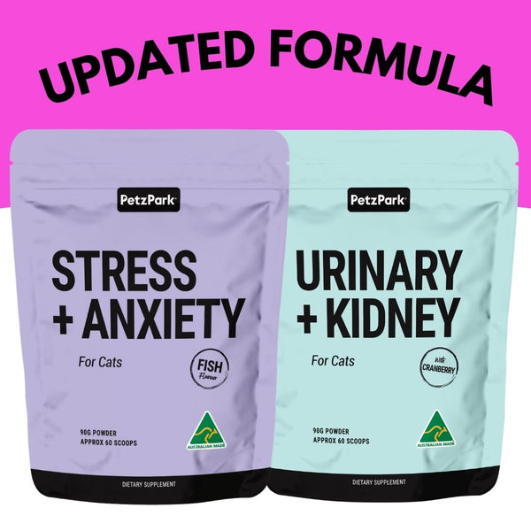 The Stress Less Bundle, featuring two PetzPark cat supplement pouches—Stress + Anxiety and Urinary + Kidney—is displayed against a pink background with the text UPDATED FORMULA above them, highlighting targeted anxiety relief and urinary tract support for your feline friend.