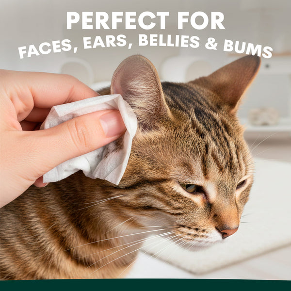 Person cleaning a cat's ear with a tissue, with text 'Perfect for Faces, Ears, Bellies & Bums' above.