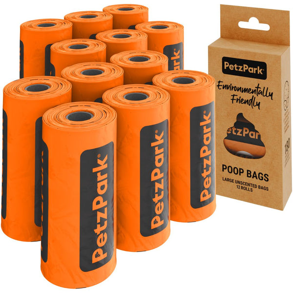 Multiple rolls of Petz Park cat poop bags with a cardboard box packaging on a white background