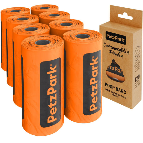 Multiple rolls of Petz Park poop bags for cats with a cardboard box packaging on a white background