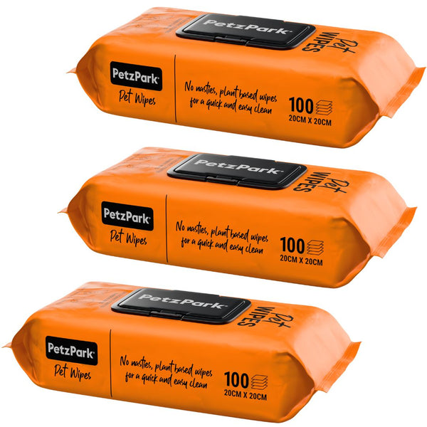 Three packages of Petz Park pet wipes on a white background