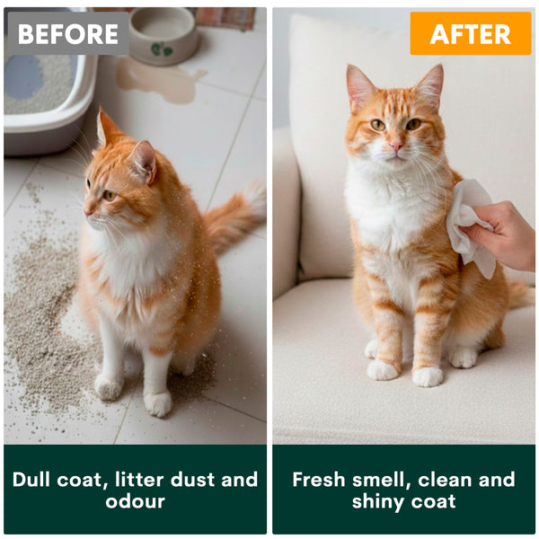 Before and after comparison of a cat with visible dirt and litter dust, and a cleaner cat with a fresh smell and shiny coat.