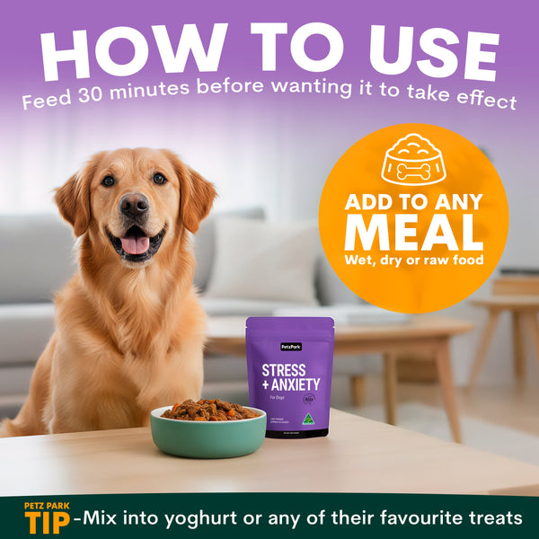 Dog sitting next to a bowl of food and a package with text on how to use the product. How to use petz park supplements for anxiety