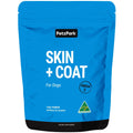 A blue bag of PetzPark Skin + Coat for Dogs supplement, featuring omega 3, 144g powder (90 scoops), and an Australian Made logo—ideal as a dog allergy supplement to help provide itchy skin relief for dogs.