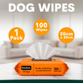 Petz Park dog wipes packaging with text indicating quantity and size on a blurred indoor background