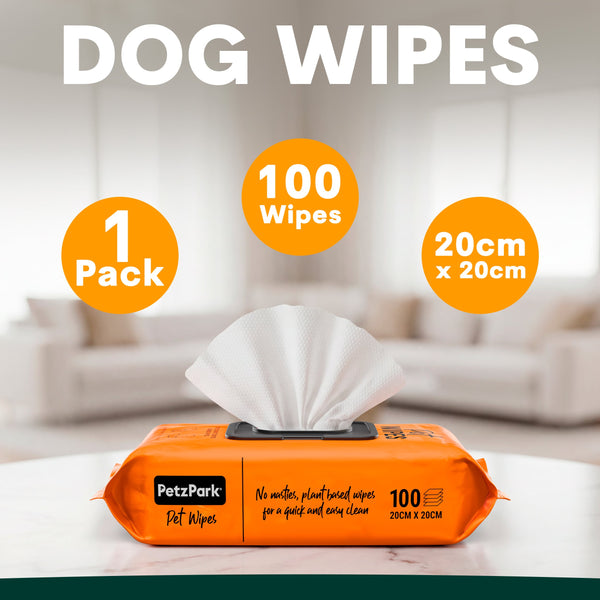 Petz Park dog wipes packaging with text indicating quantity and size on a blurred indoor background