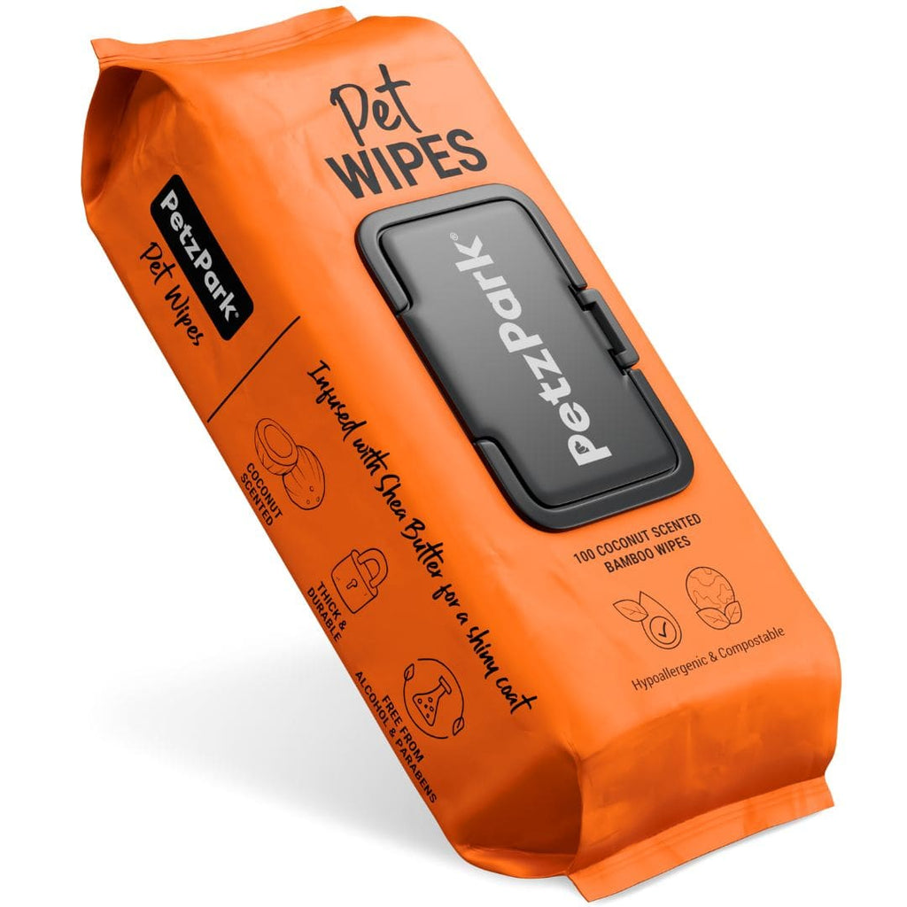 Orange package of PetzPark pet wipes on a white background