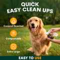 Dog with a person holding a product, with text about quick easy clean ups, coconut scent, compostable, extra large, and ease of use.