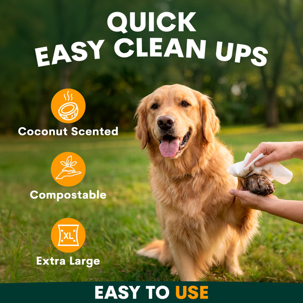 Dog with a person holding a product, with text about quick easy clean ups, coconut scent, compostable, extra large, and ease of use.