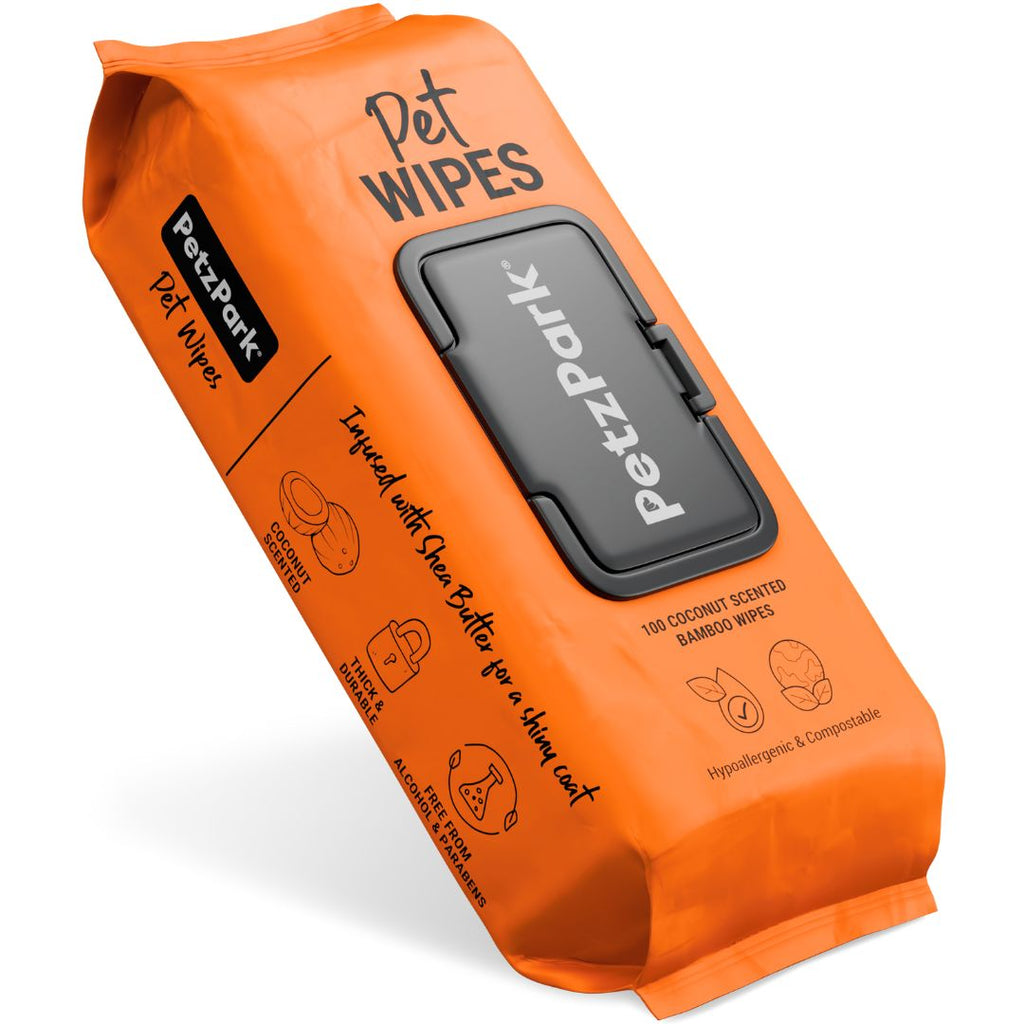 Orange package of Petz Park dog wipes on a white background