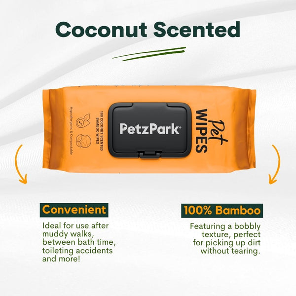 Orange package of PetzPark wipes with text highlighting features on a white background