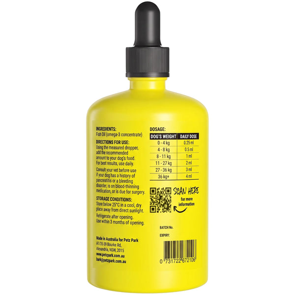 Back label of Petz Park Fish Oil for Dogs showing ingredients, directions, dosage table and storage