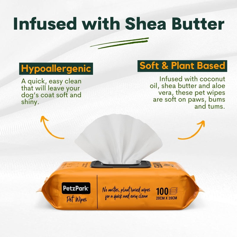 Pet wipes packaging with text highlighting features like shea butter, hypoallergenic, and plant-based.