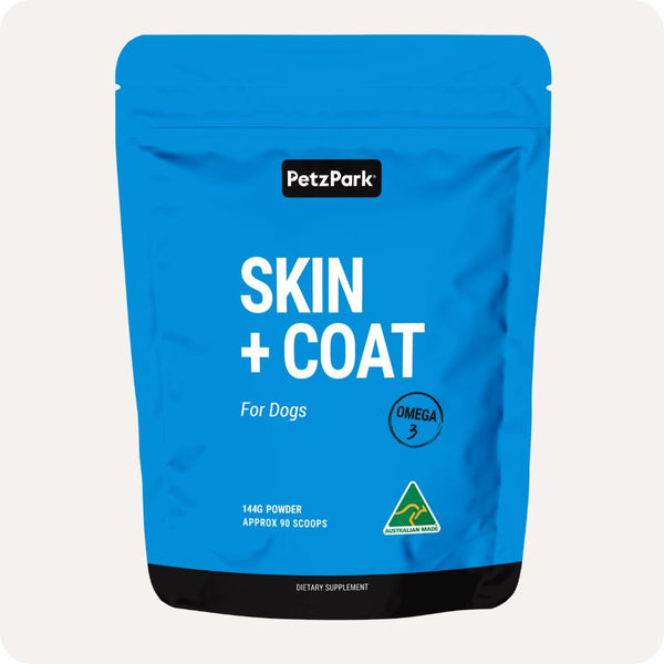 Blue Dog Skin + Coat PetzPark pouch labeled For Dogs, featuring Omega 3, Australian Made logo, and 144g powder with approximately 90 scoops.