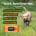 Dog running in grass with PetzPark wipes packaging and text highlighting features.
