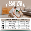 Man kneeling with a dog on a carpeted floor, with a chart detailing dog dosage based on weight.